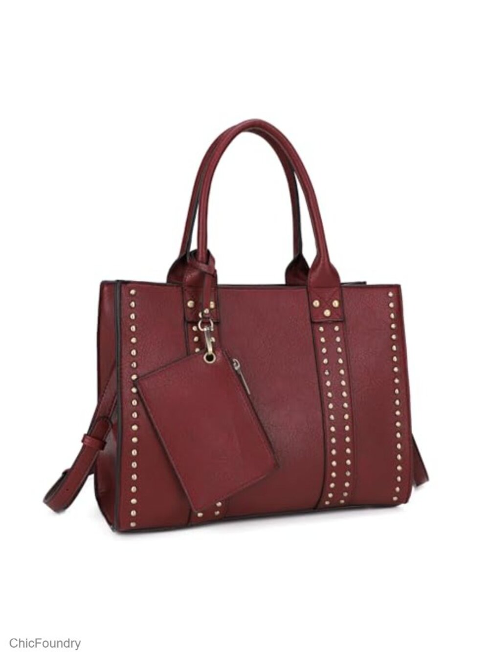 Vegan PU Leather Satchel Tote Handbag with Stud Accents Crossbody